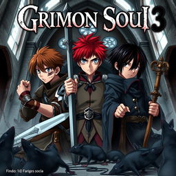 A dark fantasy anime cover titled 'Grimon Soul 3', featuring three 16-year-old boys looking battered and angry