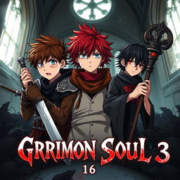 A dark fantasy anime cover titled 'Grimon Soul 3', featuring three 16-year-old boys looking battered and angry