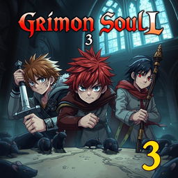 A dark fantasy anime cover titled 'Grimon Soul 3', featuring three 16-year-old boys looking battered and angry