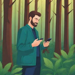 A vibrant, vector-style image of a man in a forest, confidently scanning a plant with his smartphone. Suitable for a web application background.