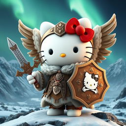 A charming 3D illustration of Hello Kitty as a valkyrie inspired by the ancient Kjalnesinga saga, featuring her in beautifully crafted, old-style fur clothing suitable for the Icelandic climate