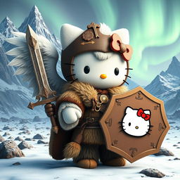 A charming 3D illustration of Hello Kitty as a valkyrie inspired by the ancient Kjalnesinga saga, featuring her in beautifully crafted, old-style fur clothing suitable for the Icelandic climate