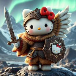 A charming 3D illustration of Hello Kitty as a valkyrie inspired by the ancient Kjalnesinga saga, featuring her in beautifully crafted, old-style fur clothing suitable for the Icelandic climate