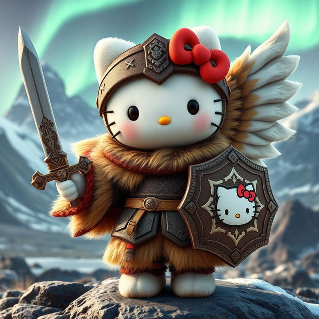 A charming 3D illustration of Hello Kitty as a valkyrie inspired by the ancient Kjalnesinga saga, featuring her in beautifully crafted, old-style fur clothing suitable for the Icelandic climate