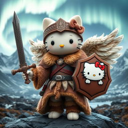 A charming 3D illustration of Hello Kitty as a valkyrie inspired by the ancient Kjalnesinga saga, featuring her in beautifully crafted, old-style fur clothing suitable for the Icelandic climate