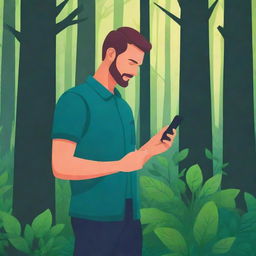 A vibrant, vector-style image of a man in a forest, confidently scanning a plant with his smartphone. Suitable for a web application background.