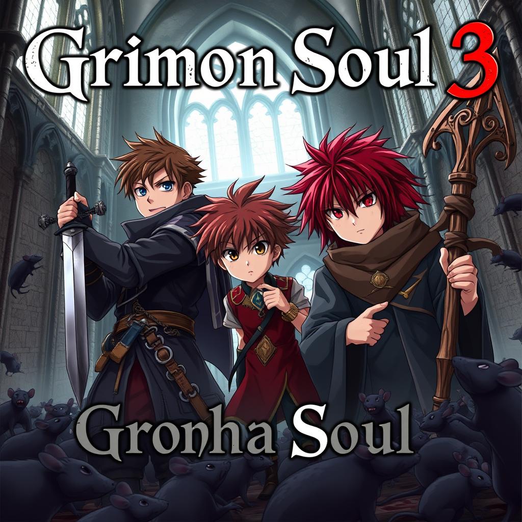 A dark fantasy anime cover titled 'Grimon Soul 3', featuring three 16-year-old boys looking battered and angry