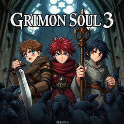 A dark fantasy anime cover titled 'Grimon Soul 3', featuring three 16-year-old boys looking battered and angry