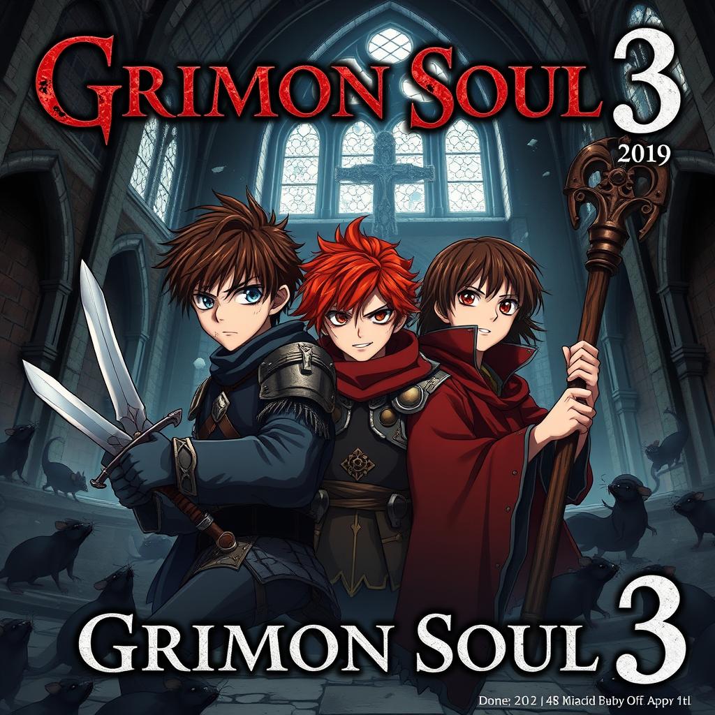 A dark fantasy anime cover titled 'Grimon Soul 3', featuring three 16-year-old boys looking battered and angry