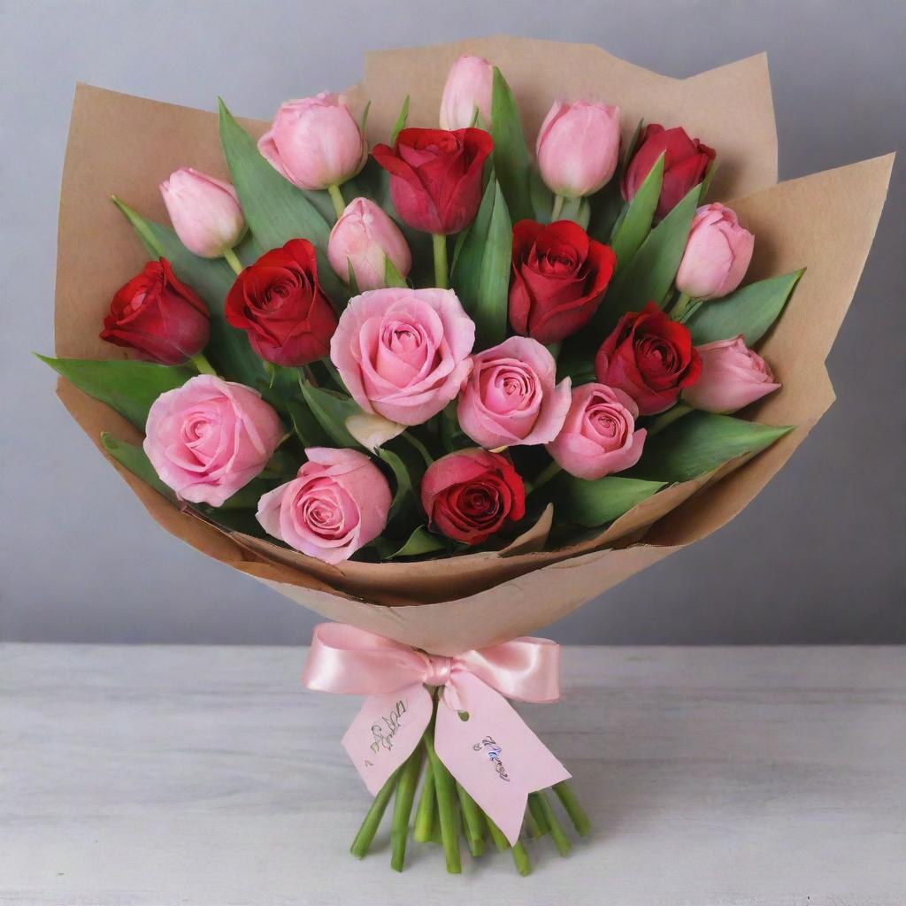 A comic book style hand-drawn bouquet, rich with red roses and pink tulips, tied with a romantic ribbon and tag, perfect as a distinctive token of love.