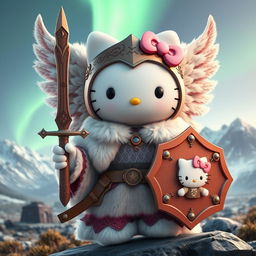 An exquisite 3D illustration of Hello Kitty portrayed as a valkyrie inspired by the Kjalnesinga saga, elegantly dressed in old-style feminine fur clothing designed for the chilly Icelandic climate