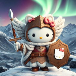 An exquisite 3D illustration of Hello Kitty portrayed as a valkyrie inspired by the Kjalnesinga saga, elegantly dressed in old-style feminine fur clothing designed for the chilly Icelandic climate