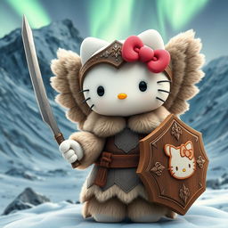 An exquisite 3D illustration of Hello Kitty portrayed as a valkyrie inspired by the Kjalnesinga saga, elegantly dressed in old-style feminine fur clothing designed for the chilly Icelandic climate