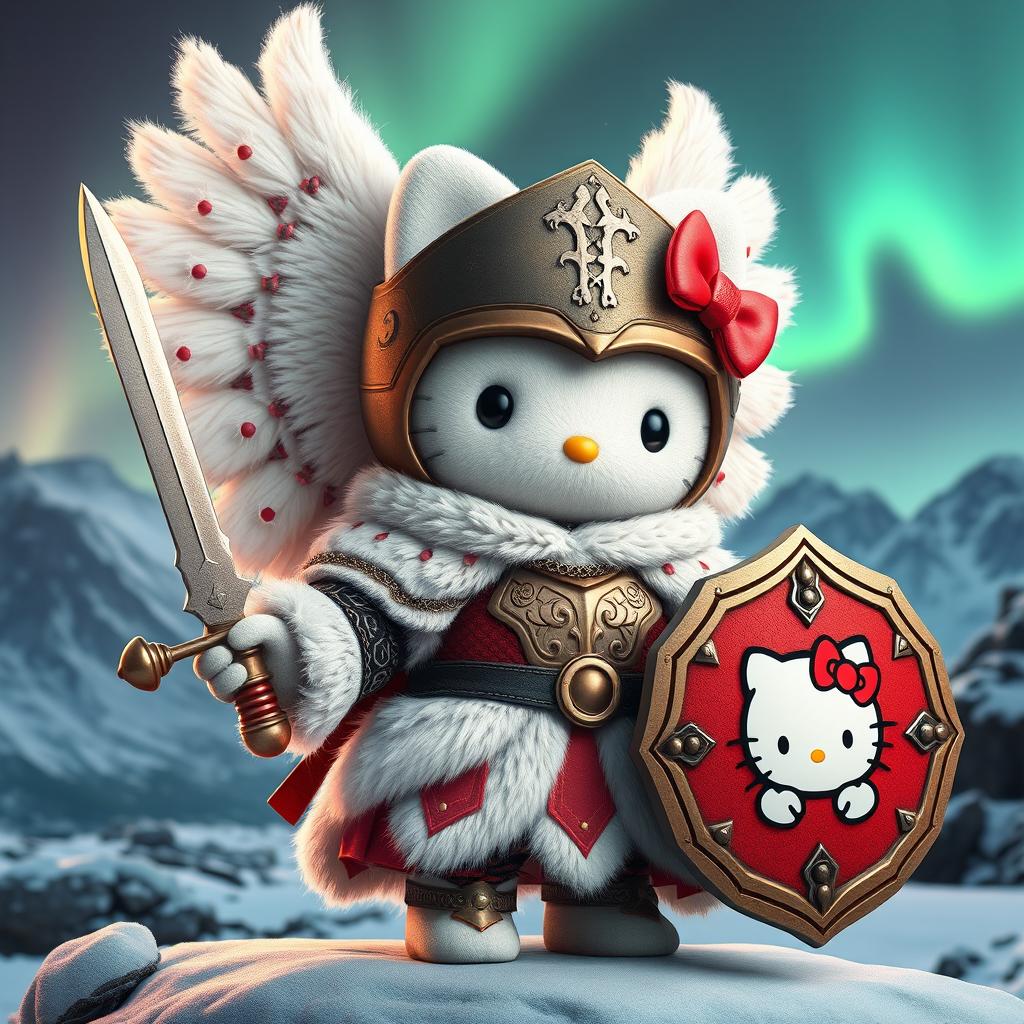 An exquisite 3D illustration of Hello Kitty portrayed as a valkyrie inspired by the Kjalnesinga saga, elegantly dressed in old-style feminine fur clothing designed for the chilly Icelandic climate