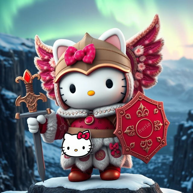 An enchanting 3D illustration of Hello Kitty depicted as a valkyrie inspired by the Kjalnesinga saga, dressed in beautifully designed old-style feminine Icelandic fur clothing