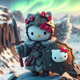 An enchanting 3D illustration of Hello Kitty depicted as a valkyrie inspired by the Kjalnesinga saga, dressed in beautifully designed old-style feminine Icelandic fur clothing