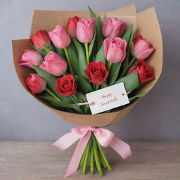 A comic book style hand-drawn bouquet, rich with red roses and pink tulips, tied with a romantic ribbon and tag, perfect as a distinctive token of love.