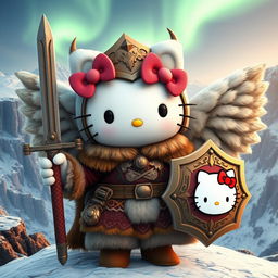 An enchanting 3D illustration of Hello Kitty depicted as a valkyrie inspired by the Kjalnesinga saga, dressed in beautifully designed old-style feminine Icelandic fur clothing