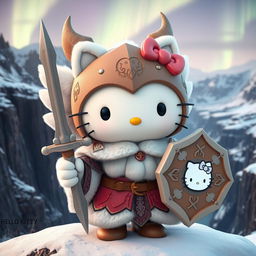 An enchanting 3D illustration of Hello Kitty depicted as a valkyrie inspired by the Kjalnesinga saga, dressed in beautifully designed old-style feminine Icelandic fur clothing