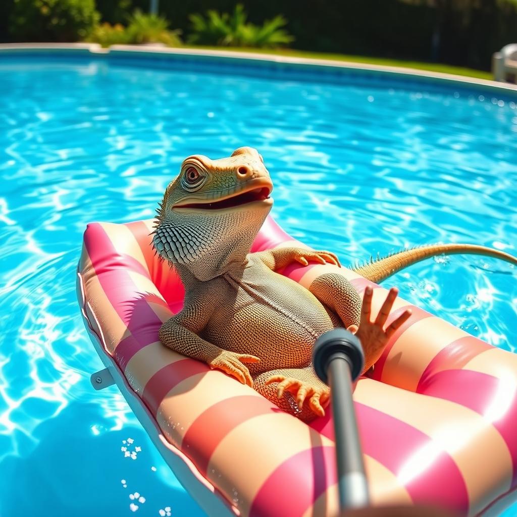 A whimsical scene featuring an iguana comfortably lying on a colorful floating mattress in a sunny swimming pool