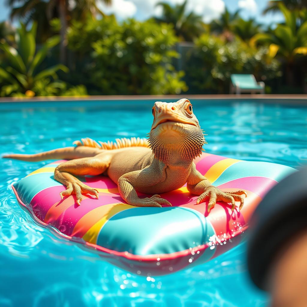 A whimsical scene featuring an iguana comfortably lying on a colorful floating mattress in a sunny swimming pool