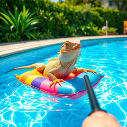 A whimsical scene featuring an iguana comfortably lying on a colorful floating mattress in a sunny swimming pool