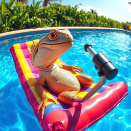 A whimsical scene featuring an iguana comfortably lying on a colorful floating mattress in a sunny swimming pool