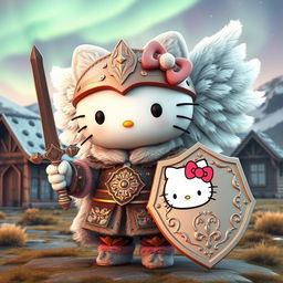 A delightful 3D illustration of Hello Kitty as a valkyrie inspired by the Kjalnesinga saga, showcasing her in intricately designed old-style feminine fur clothing suitable for the Icelandic landscape