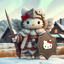 A delightful 3D illustration of Hello Kitty as a valkyrie inspired by the Kjalnesinga saga, showcasing her in intricately designed old-style feminine fur clothing suitable for the Icelandic landscape