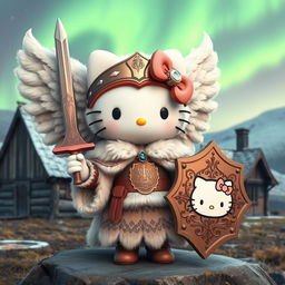 A delightful 3D illustration of Hello Kitty as a valkyrie inspired by the Kjalnesinga saga, showcasing her in intricately designed old-style feminine fur clothing suitable for the Icelandic landscape