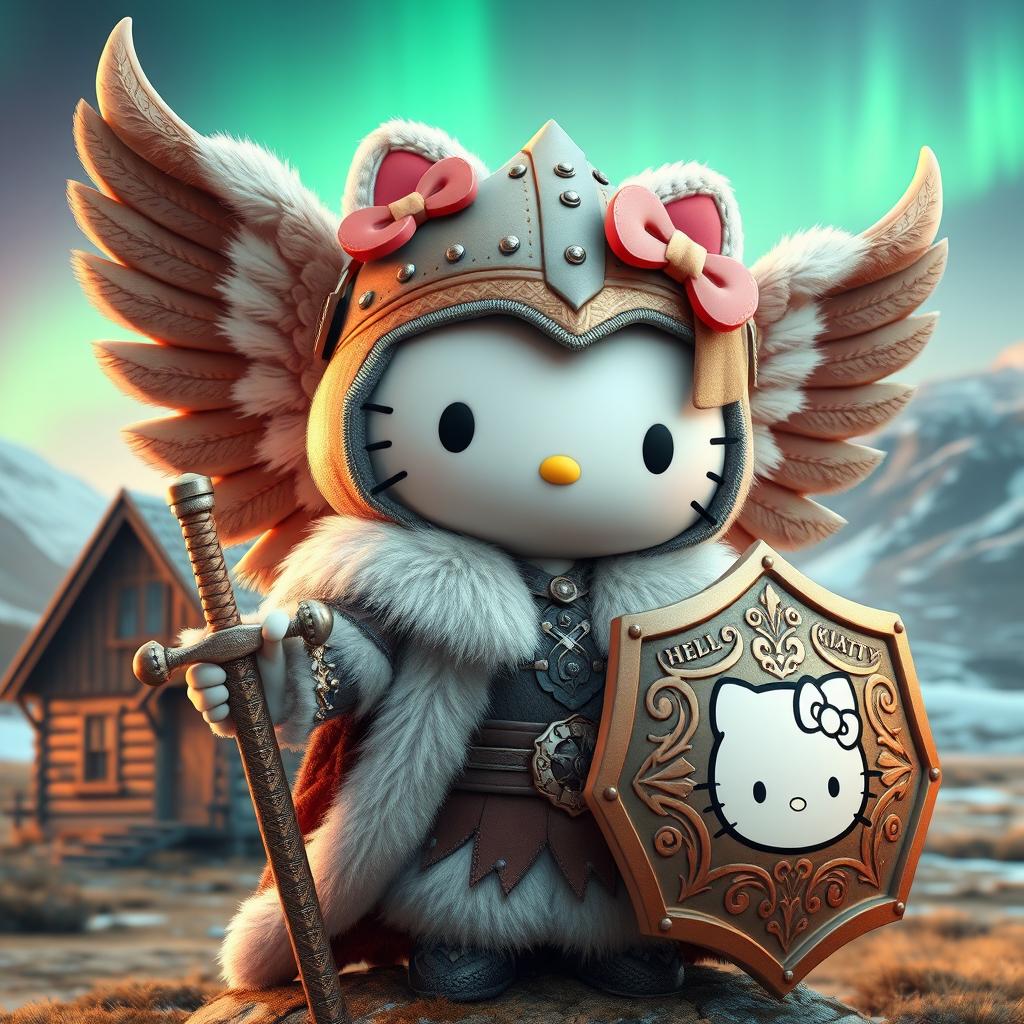 A delightful 3D illustration of Hello Kitty as a valkyrie inspired by the Kjalnesinga saga, showcasing her in intricately designed old-style feminine fur clothing suitable for the Icelandic landscape