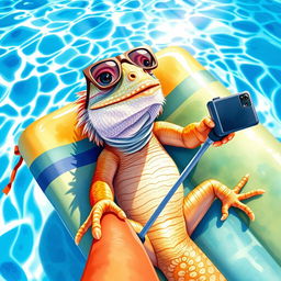 A charming watercolor illustration of an iguana wearing stylish sunglasses, comfortably lying on a colorful floating mattress in a sparkling swimming pool