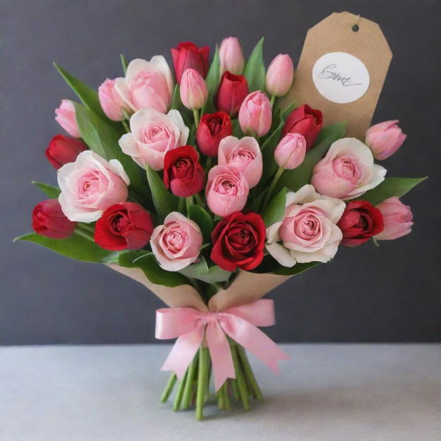 A comic book style hand-drawn bouquet, rich with red roses and pink tulips, tied with a romantic ribbon and tag, perfect as a distinctive token of love.