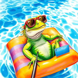 A charming watercolor illustration of an iguana wearing stylish sunglasses, comfortably lying on a colorful floating mattress in a sparkling swimming pool