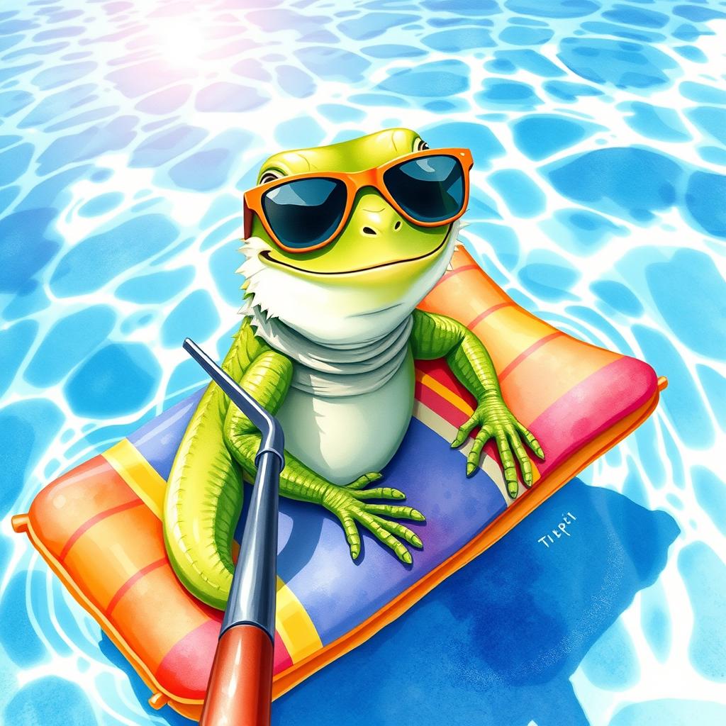 A charming watercolor illustration of an iguana wearing stylish sunglasses, comfortably lying on a colorful floating mattress in a sparkling swimming pool