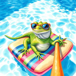 A charming watercolor illustration of an iguana wearing stylish sunglasses, comfortably lying on a colorful floating mattress in a sparkling swimming pool