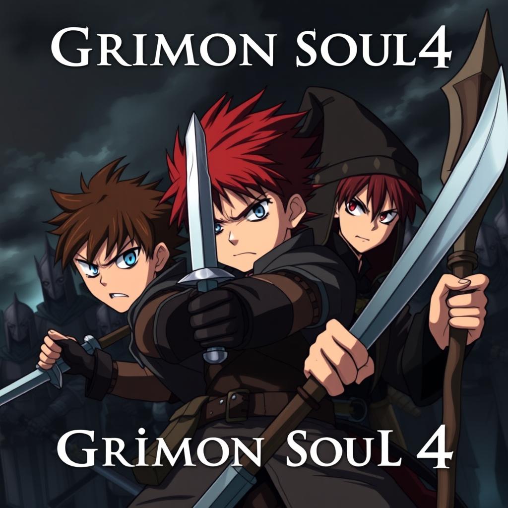 A dark fantasy anime cover titled "Grimon Soul 4" featuring three angry 16-year-old boys