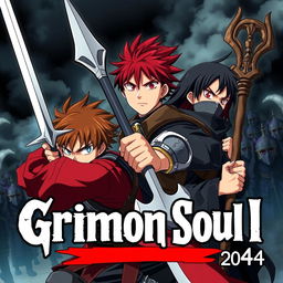 A dark fantasy anime cover titled "Grimon Soul 4" featuring three angry 16-year-old boys