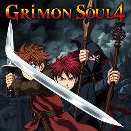 A dark fantasy anime cover titled "Grimon Soul 4" featuring three angry 16-year-old boys