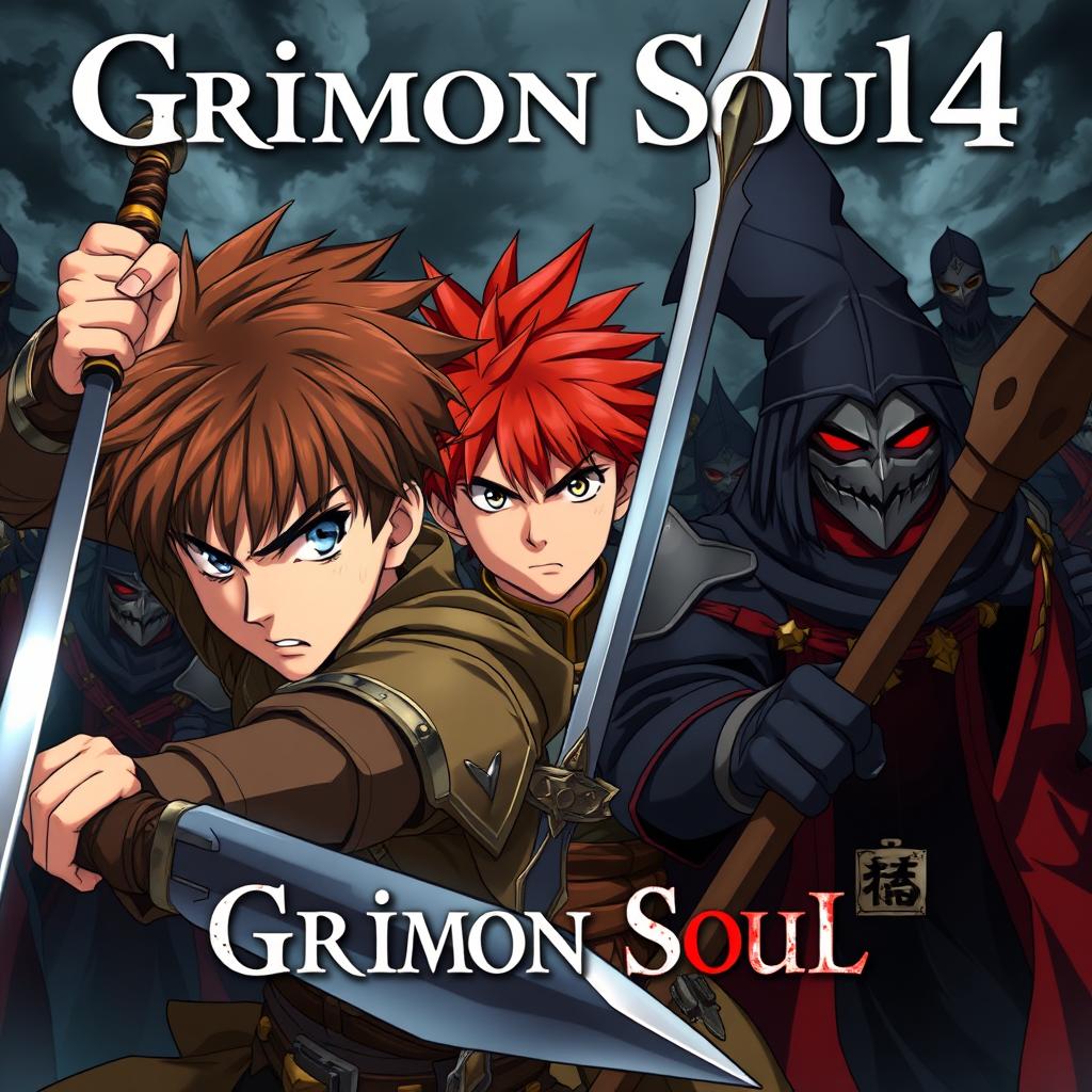 A dark fantasy anime cover titled "Grimon Soul 4" featuring three angry 16-year-old boys