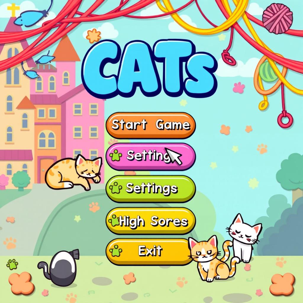 A retro-style pixel art menu for a clicker video game featuring adorable cats