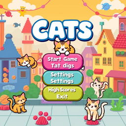 A retro-style pixel art menu for a clicker video game featuring adorable cats