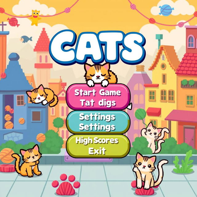 A retro-style pixel art menu for a clicker video game featuring adorable cats