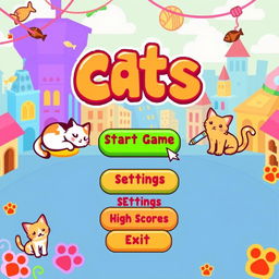 A retro-style pixel art menu for a clicker video game featuring adorable cats