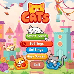 A retro-style pixel art menu for a clicker video game featuring adorable cats