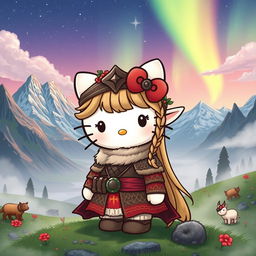 A charming illustration of an old-fashioned Hello Kitty as a valkyrie elf, set against the stunning backdrop of Iceland