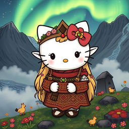 A charming illustration of an old-fashioned Hello Kitty as a valkyrie elf, set against the stunning backdrop of Iceland