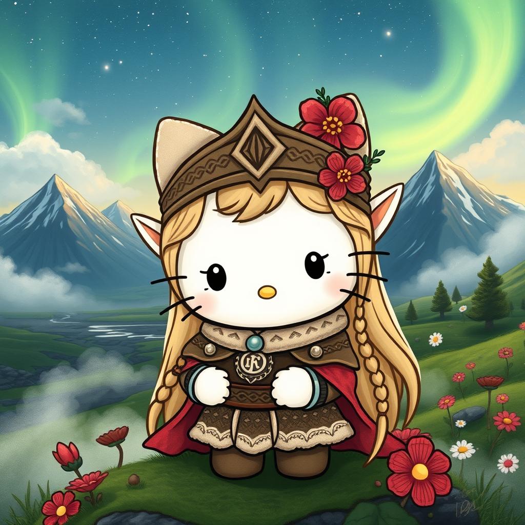 A charming illustration of an old-fashioned Hello Kitty as a valkyrie elf, set against the stunning backdrop of Iceland