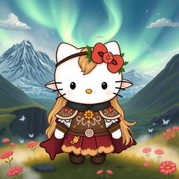 A charming illustration of an old-fashioned Hello Kitty as a valkyrie elf, set against the stunning backdrop of Iceland