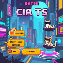 A retro-futuristic pixel art menu for a clicker video game featuring charming cats